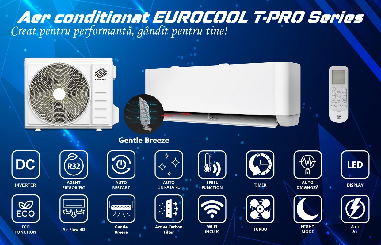 Cum aleg un aparat de aer condiționat potrivit pentru o casă cu două camere? 3 Aparat de aer conditionat EUROCOOL T-PRO , R32, Inverter, Wi-Fi, Active Carbon Filter, Gentle Breeze